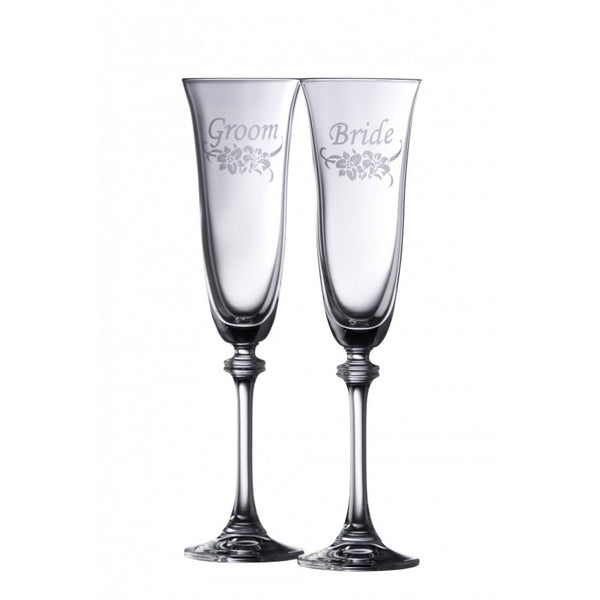 Galway Crystal Floral Bride & Groom Liberty Flute Pair - First Ireland